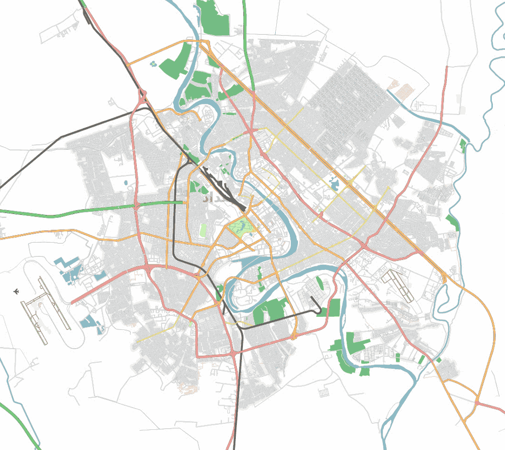 Baghdad, Iraq, as at 5 May 2007. All roads in the greater Baghdad area which are visible from Yahoo imagery have now been mapped into OSM.