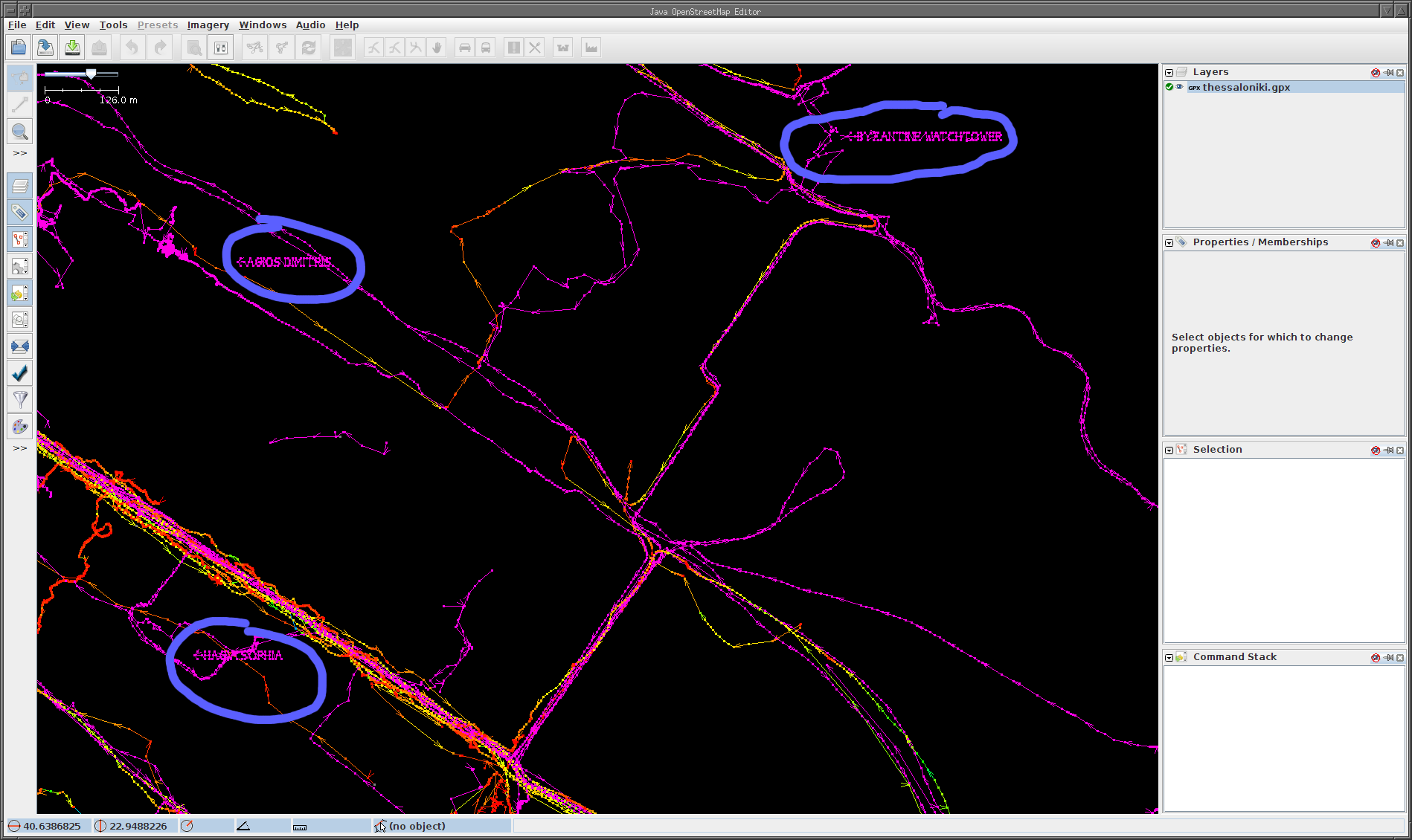 This screenshot shows 3 words written as GPS tracks, in the Thessaloniki (Greece) area, viewed on JOSM. Captured by Mayeul