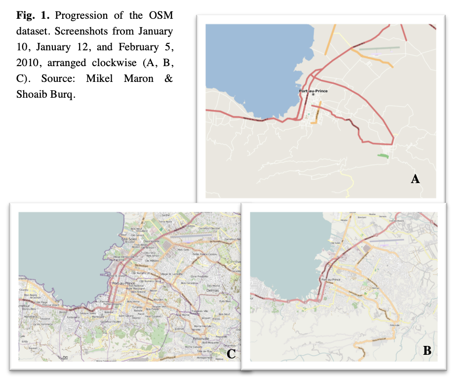 figures by Mikel Maron, appearing in "From Crowdsourced Mapping to Community Mapping: The Post-Earthquake Work of OpenStreetMap Haiti" by Robert Soden and Leysia Palen at the University of Colorado, Boulder